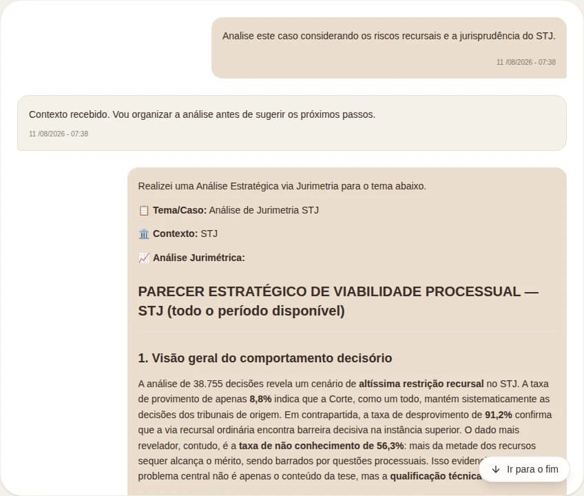 Conversa no Assistente Jurídico usando uma análise jurimétrica como contexto